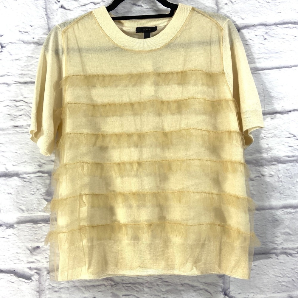 J.Crew Tippi Sweater Top Women's L Beige Short Sleeve Ruffle‎ Front Wool G3946